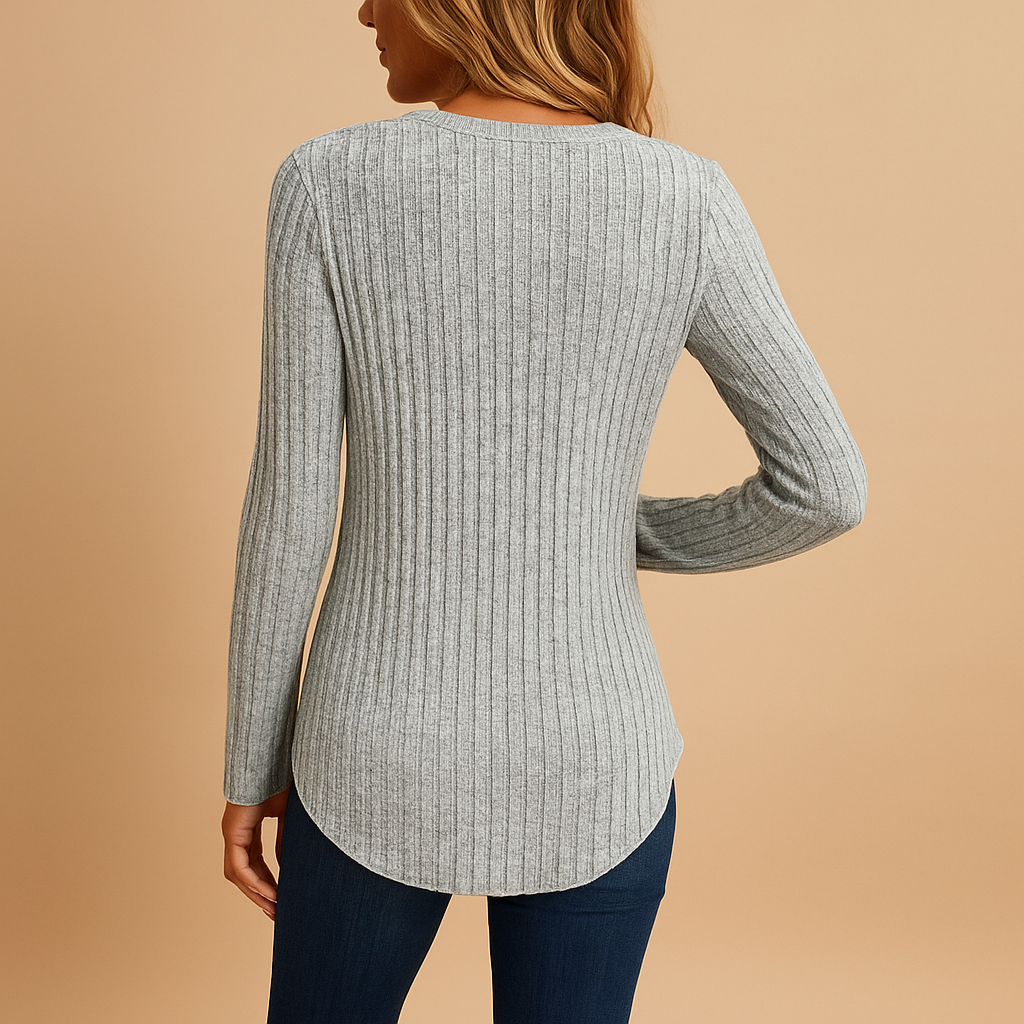 Ribbed V-neck top for women in grey with button detailing, designed for breathable comfort and casual or layered wear.