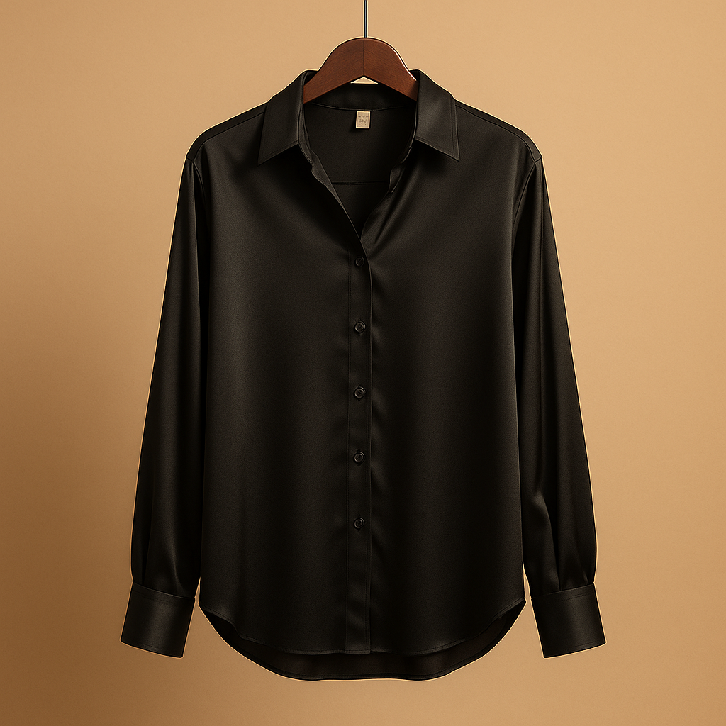 Satin blouse with collar for women featuring a soft sheen, elegant buttons, and smooth drape for work or evening wear.