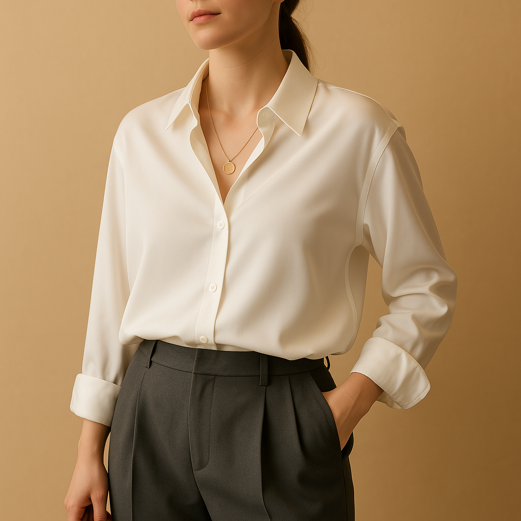 Satin blouse with collar for women featuring a soft sheen, elegant buttons, and smooth drape for work or evening wear.