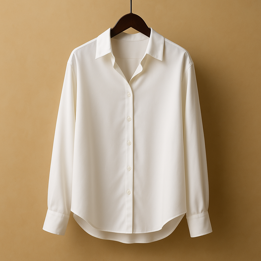 Satin blouse with collar for women featuring a soft sheen, elegant buttons, and smooth drape for work or evening wear.