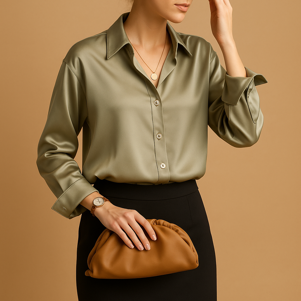 Satin blouse with collar for women featuring a soft sheen, elegant buttons, and smooth drape for work or evening wear.