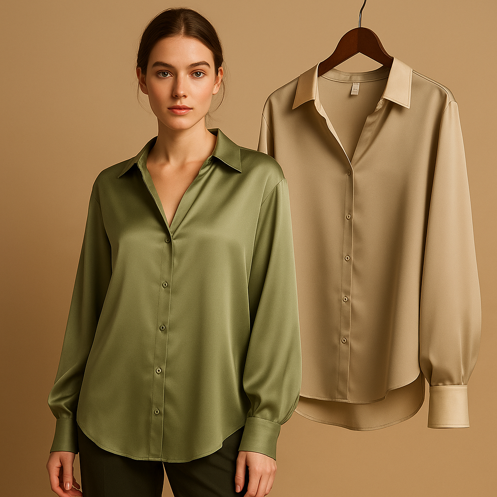 Satin blouse with collar for women featuring a soft sheen, elegant buttons, and smooth drape for work or evening wear.
