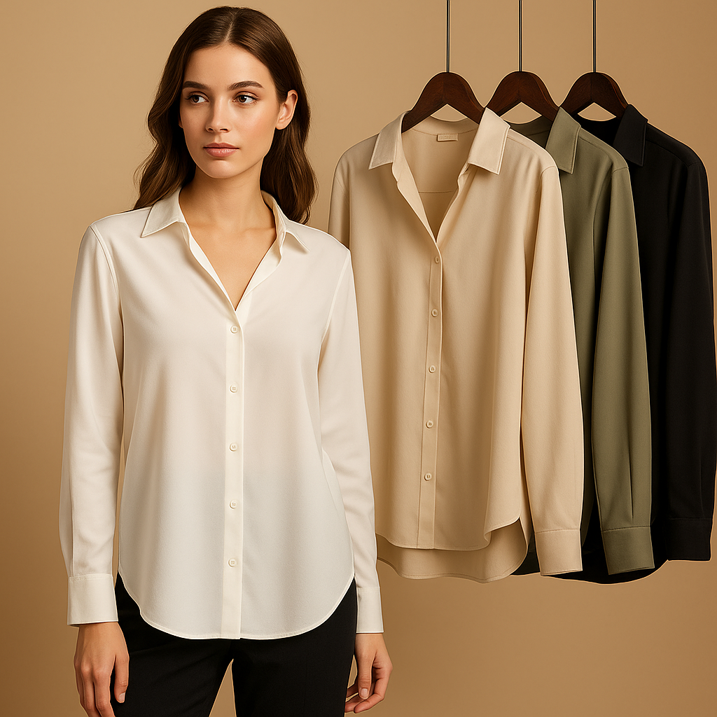Satin blouse with collar for women featuring a soft sheen, elegant buttons, and smooth drape for work or evening wear.