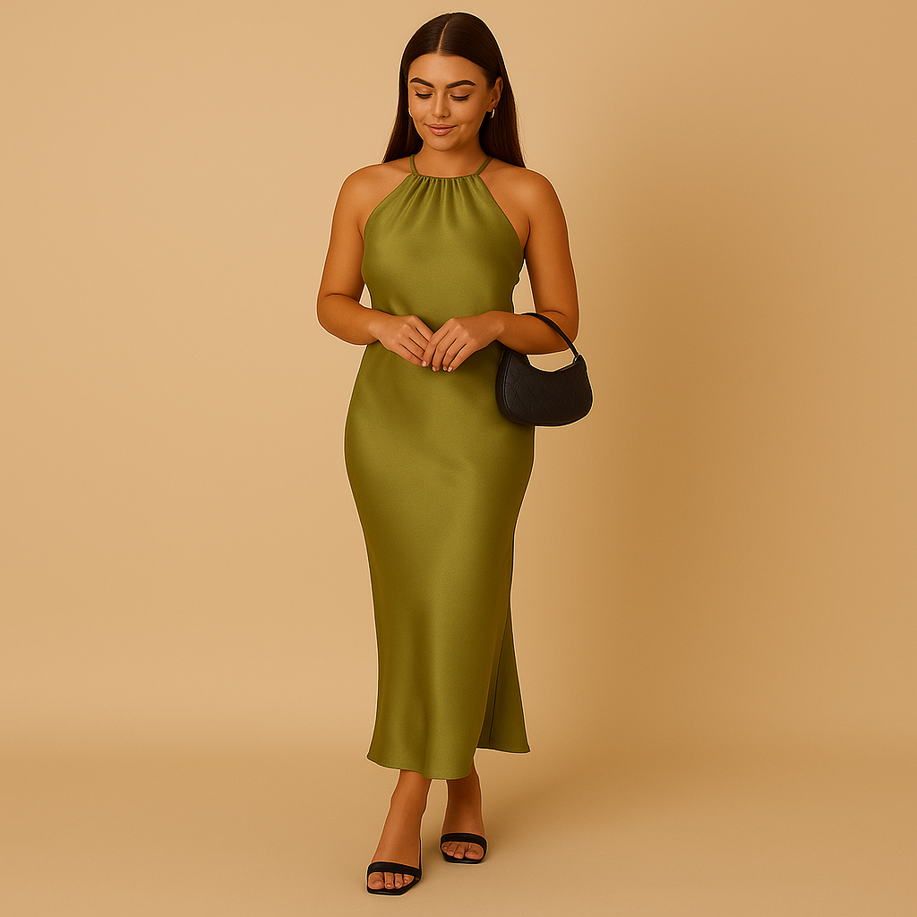 Green satin wrap dress with long sleeves for women, designed for weddings, parties, and elegant evening events with a refined silhouette.