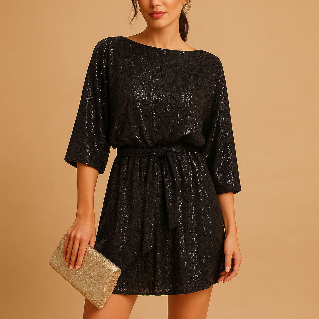 Glamorous sequin evening party dress for women with elegant ruching in black or gold, perfect for galas, special occasions, and festive nights.