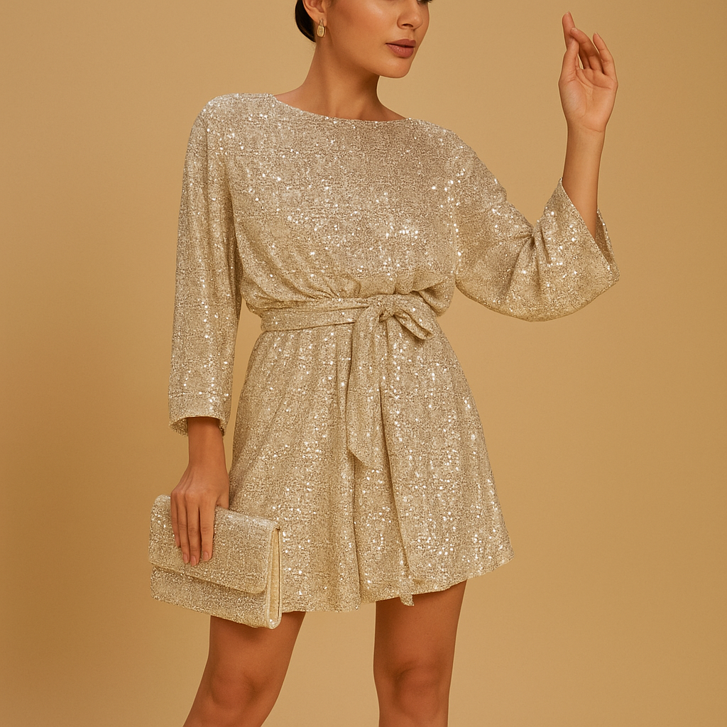 Glamorous sequin evening party dress for women with elegant ruching in black or gold, perfect for galas, special occasions, and festive nights.