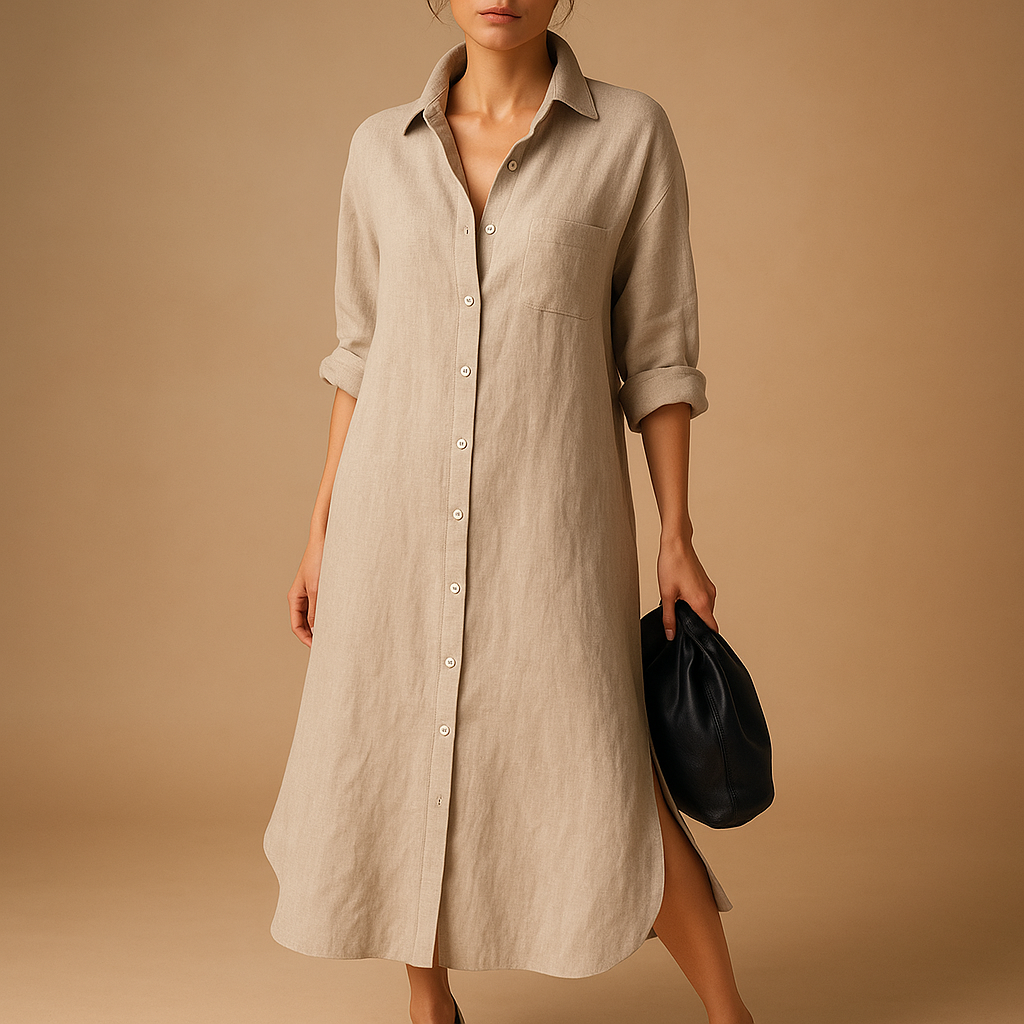 Women's shirt-style dress made from breathable hemp blend with a relaxed fit and classic button closure, perfect for spring and summer wear.