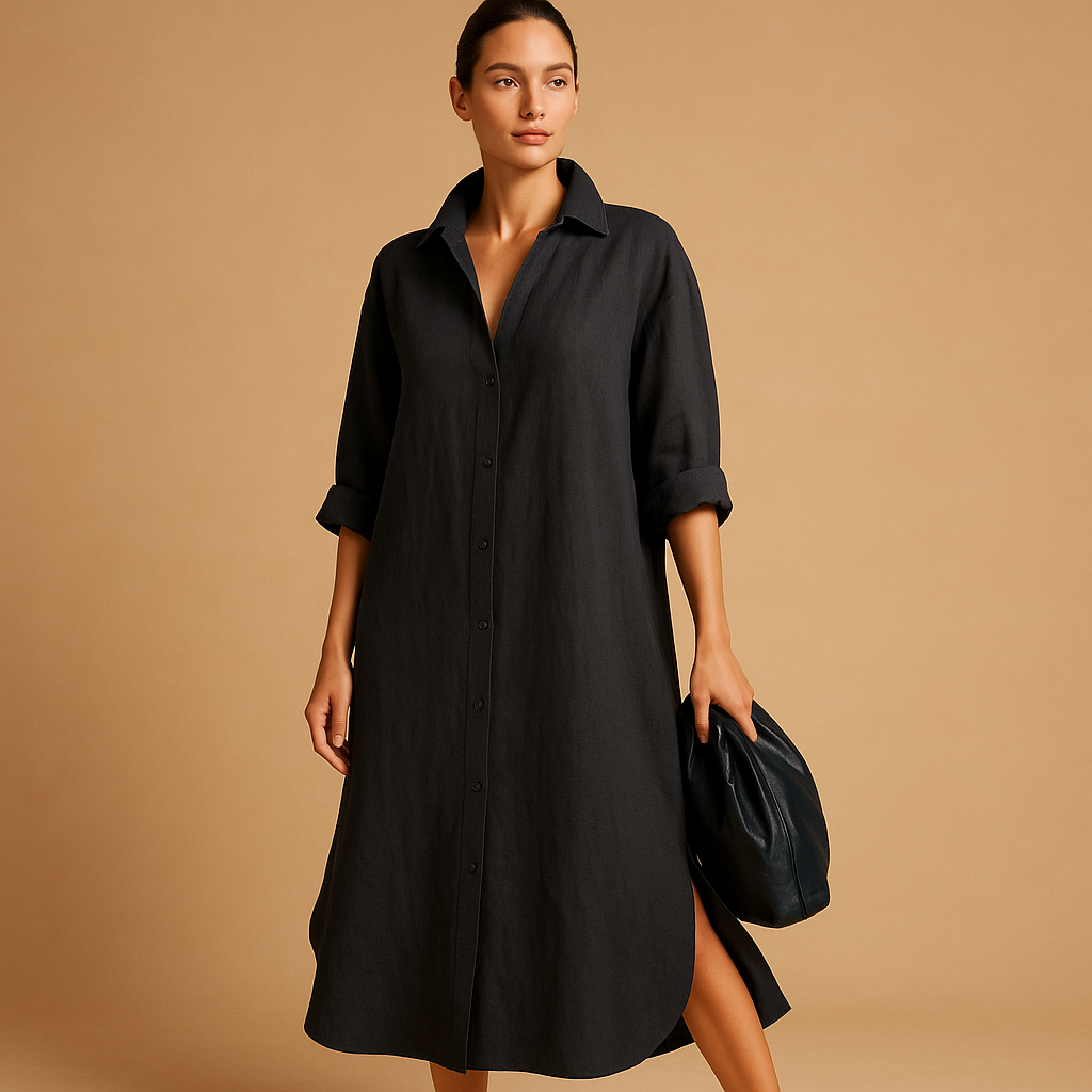 Women's shirt-style dress made from breathable hemp blend with a relaxed fit and classic button closure, perfect for spring and summer wear.