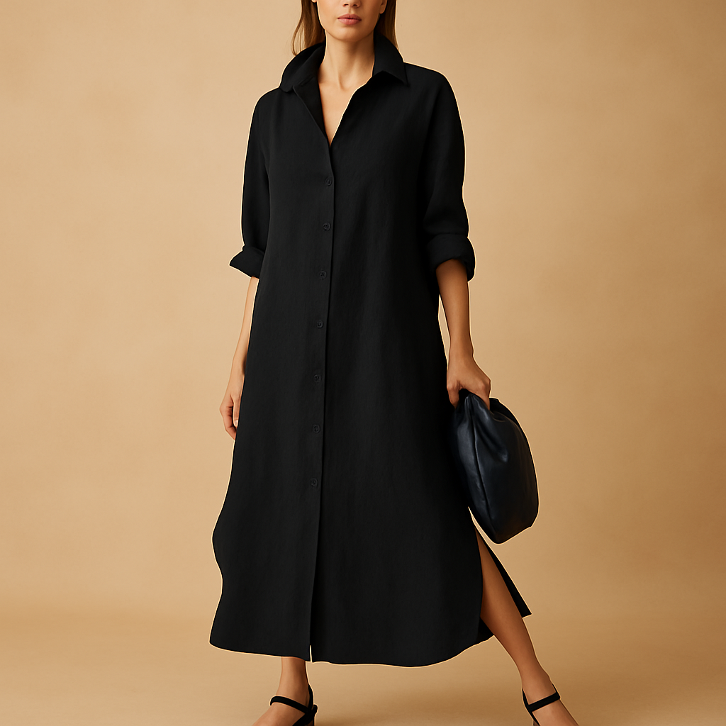 Women's shirt-style dress made from breathable hemp blend with a relaxed fit and classic button closure, perfect for spring and summer wear.