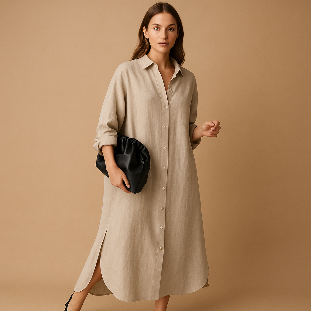 Women's shirt-style dress made from breathable hemp blend with a relaxed fit and classic button closure, perfect for spring and summer wear.
