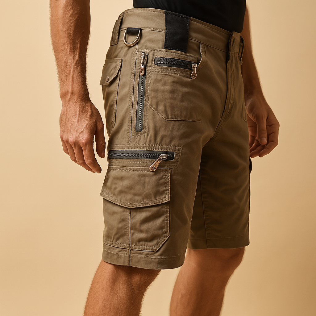 Men’s short cargo shorts with relaxed fit and multiple pockets, ideal for casual wear, travel, and outdoor activities across all seasons