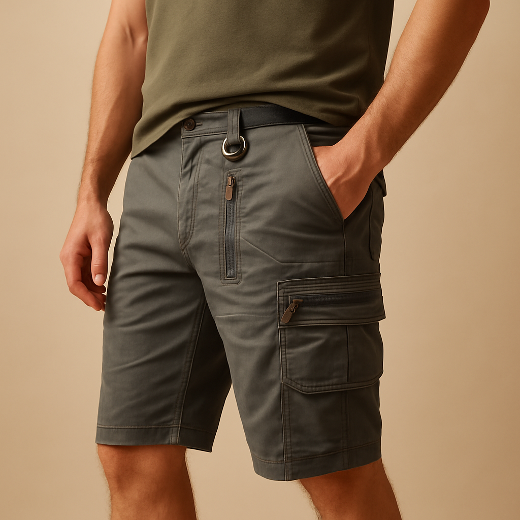Men’s short cargo shorts with relaxed fit and multiple pockets, ideal for casual wear, travel, and outdoor activities across all seasons