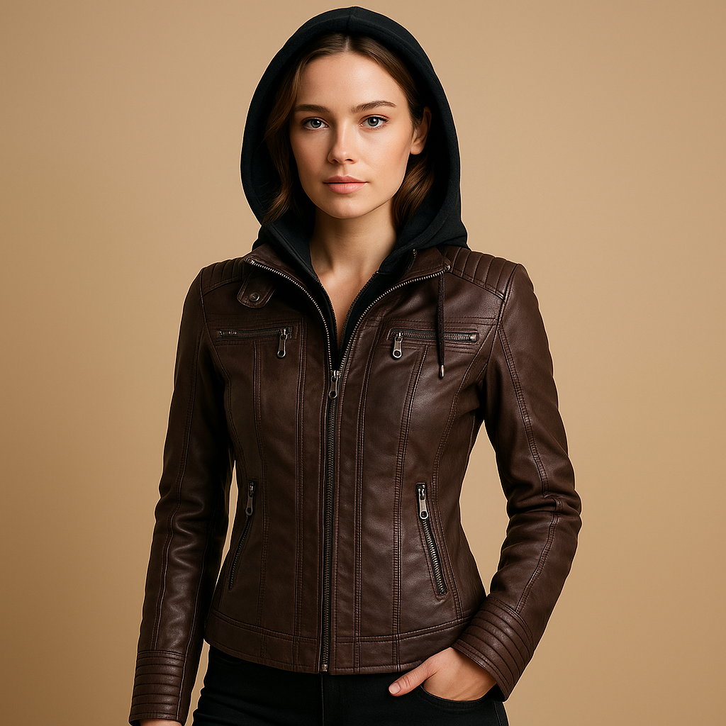 Women’s short leather jacket with zipper and detachable hood, perfect for spring and summer outfits.