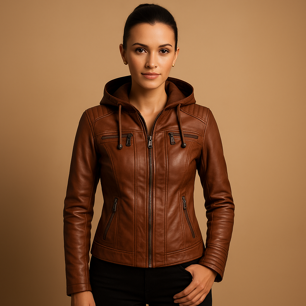 Women’s short leather jacket with zipper and detachable hood, perfect for spring and summer outfits.