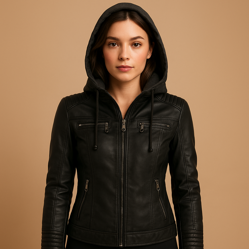 Women’s short leather jacket with zipper and detachable hood, perfect for spring and summer outfits.