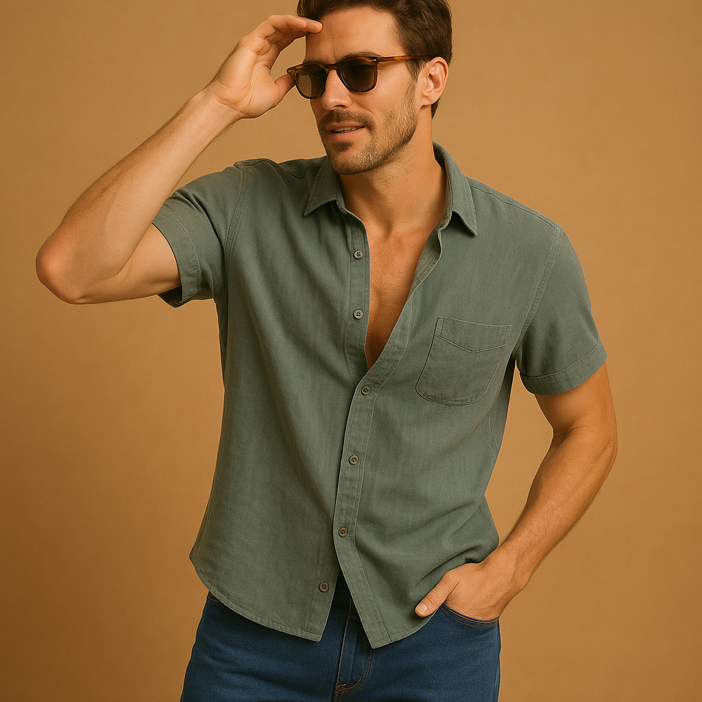 Short sleeve summer shirt for men with relaxed fit and breathable fabric, ideal for casual wear on warm days.
