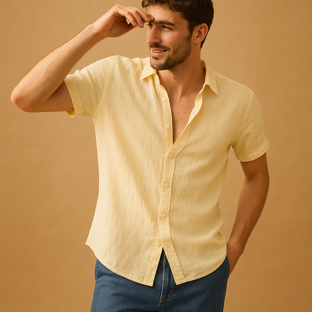 Short sleeve summer shirt for men with relaxed fit and breathable fabric, ideal for casual wear on warm days.
