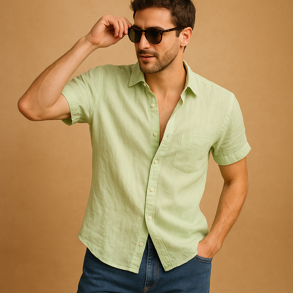 Short sleeve summer shirt for men with relaxed fit and breathable fabric, ideal for casual wear on warm days.