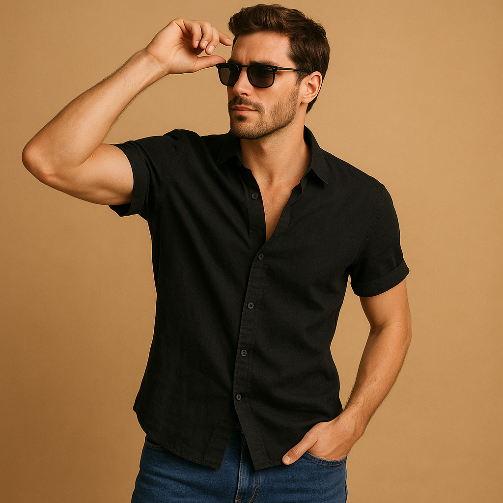 Short sleeve summer shirt for men with relaxed fit and breathable fabric, ideal for casual wear on warm days.