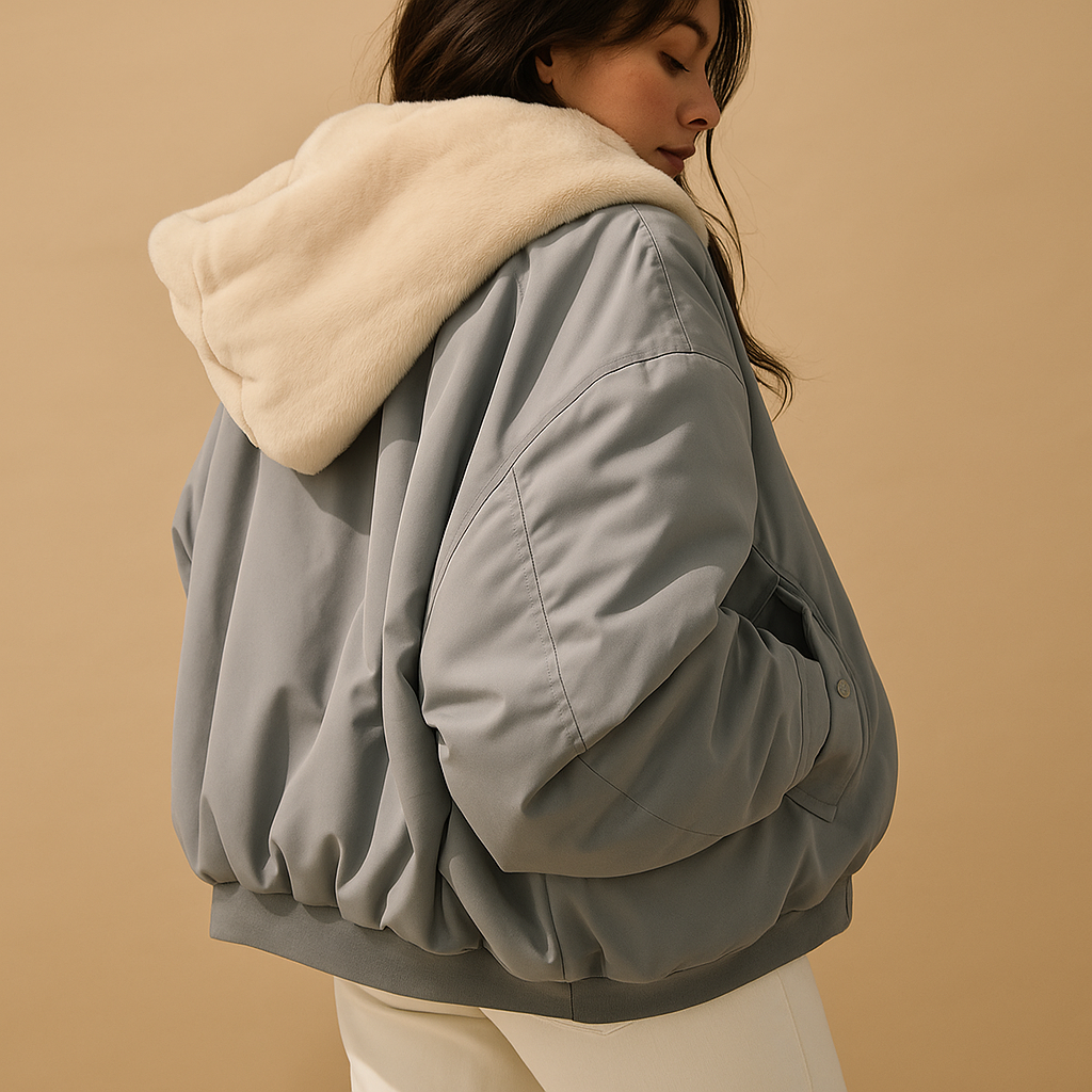 Short winter coat with hood for women in black, blue, and white featuring a warm lining, perfect for cold weather and stylish everyday wear