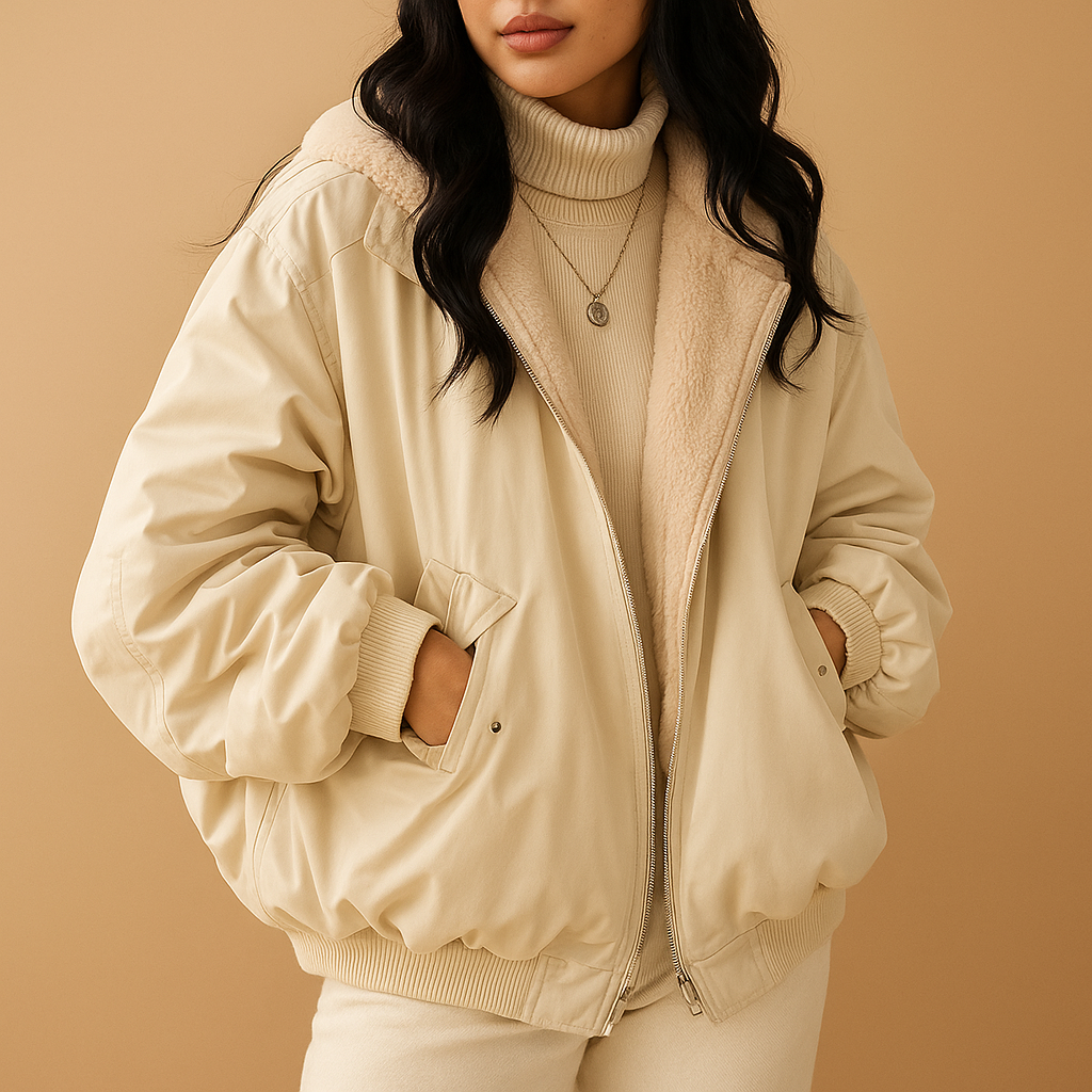 Short winter coat with hood for women in black, blue, and white featuring a warm lining, perfect for cold weather and stylish everyday wear