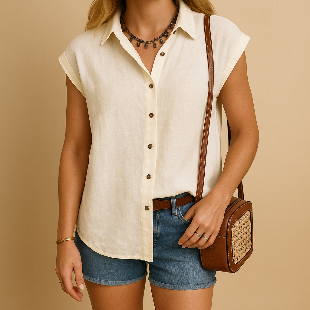 Sleeveless button-down summer shirt for women, lightweight and stylish in multiple colors, ideal for casual and warm-weather outfits.