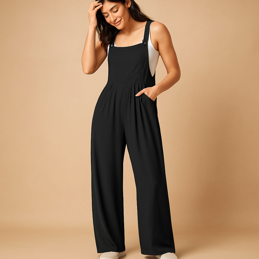 Sleeveless women’s jumpsuit with gathered design and pockets in pink, black, or grey, perfect for casual days and weekend errands