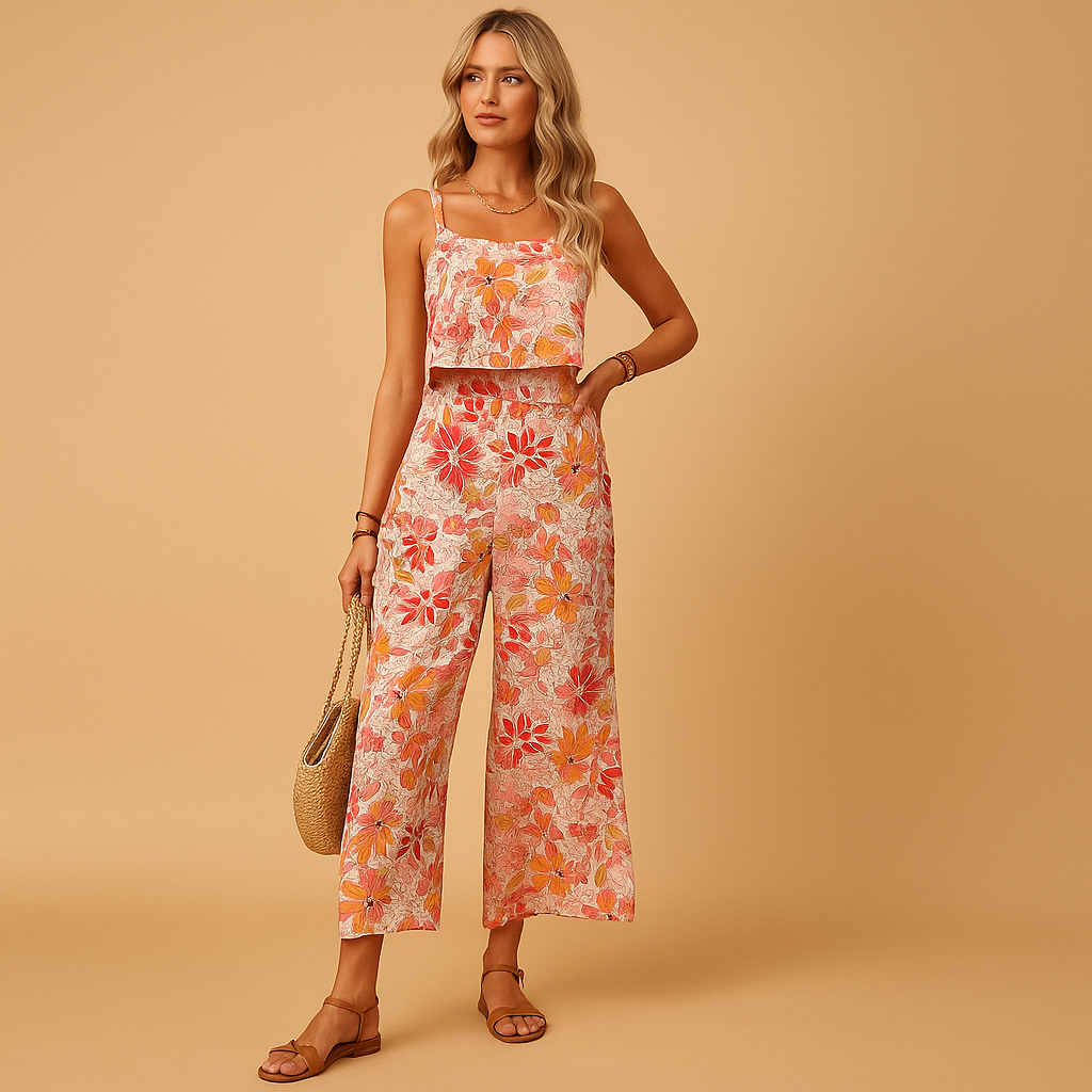 Sleeveless floral jumpsuit for women with pink flower print and square neckline, perfect for summer outings and garden parties