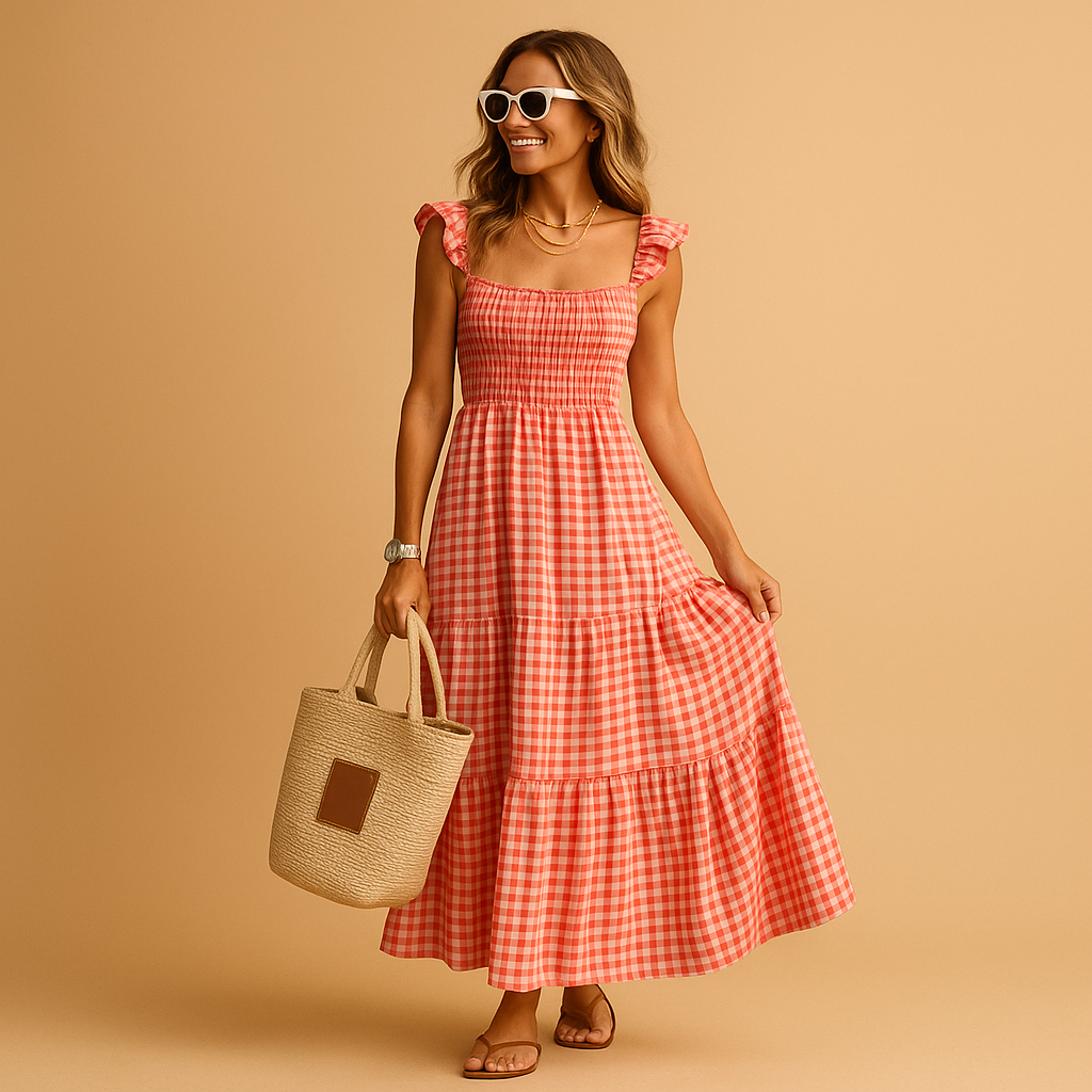 Sleeveless long summer dress for women in black, red, khaki, or sky blue, featuring breathable fabric and a flowy fit for day-to-night elegance.