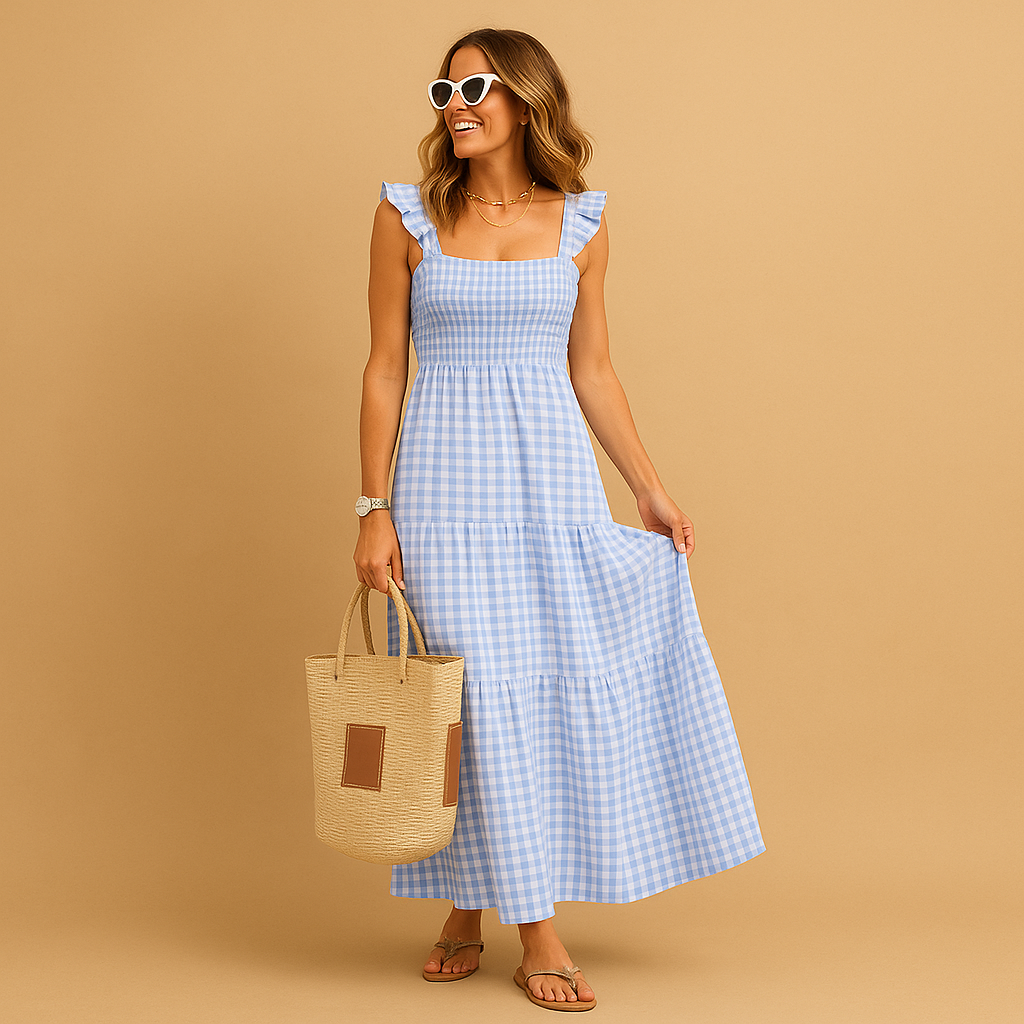 Sleeveless long summer dress for women in black, red, khaki, or sky blue, featuring breathable fabric and a flowy fit for day-to-night elegance.