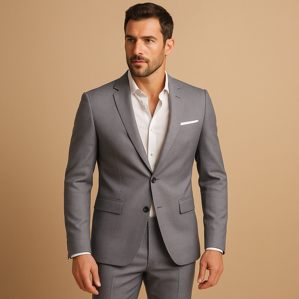 Men’s slim fit suit with tailored blazer and trousers, ideal for weddings, business meetings, and formal occasions in a sharp modern style.