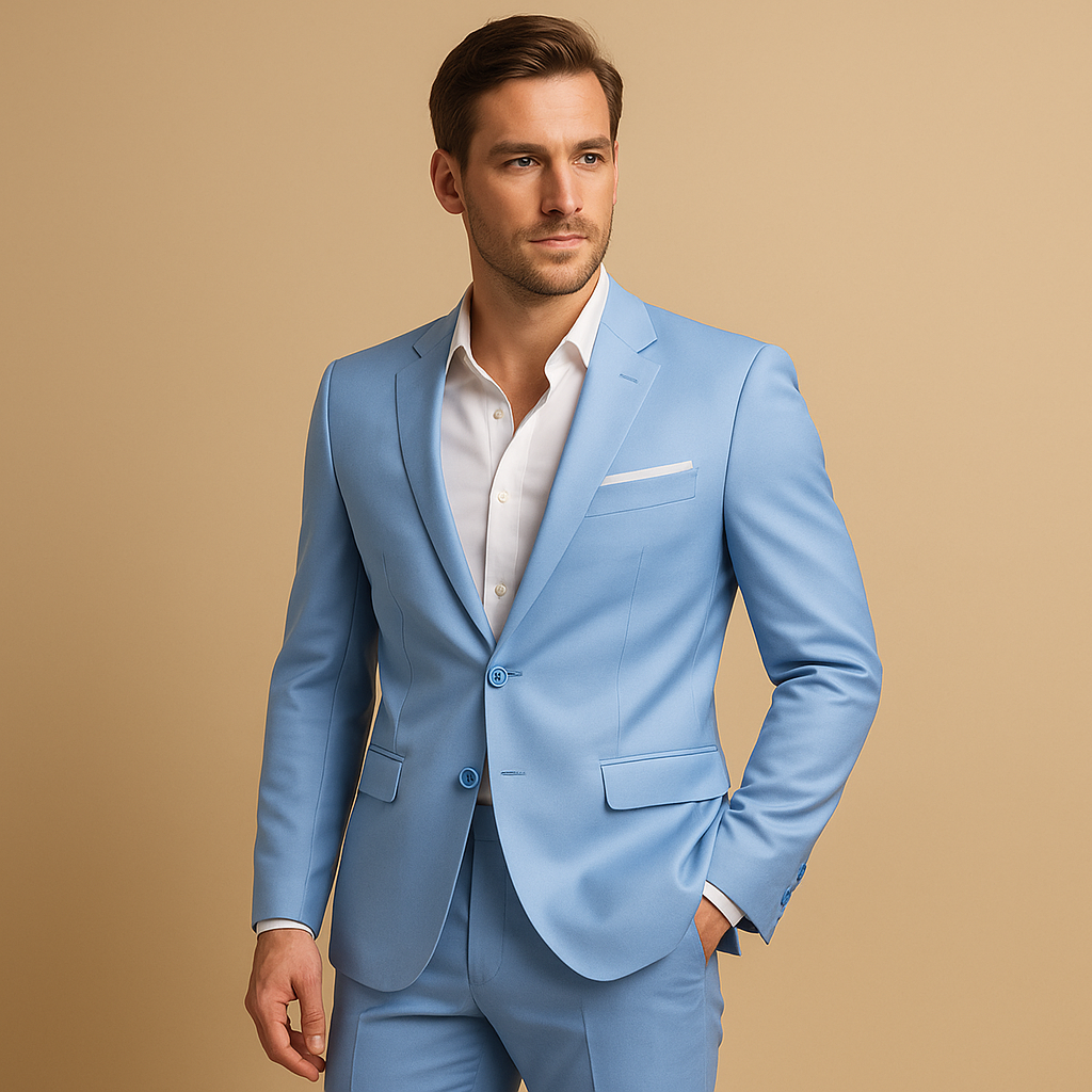 Men’s slim fit suit with tailored blazer and trousers, ideal for weddings, business meetings, and formal occasions in a sharp modern style.