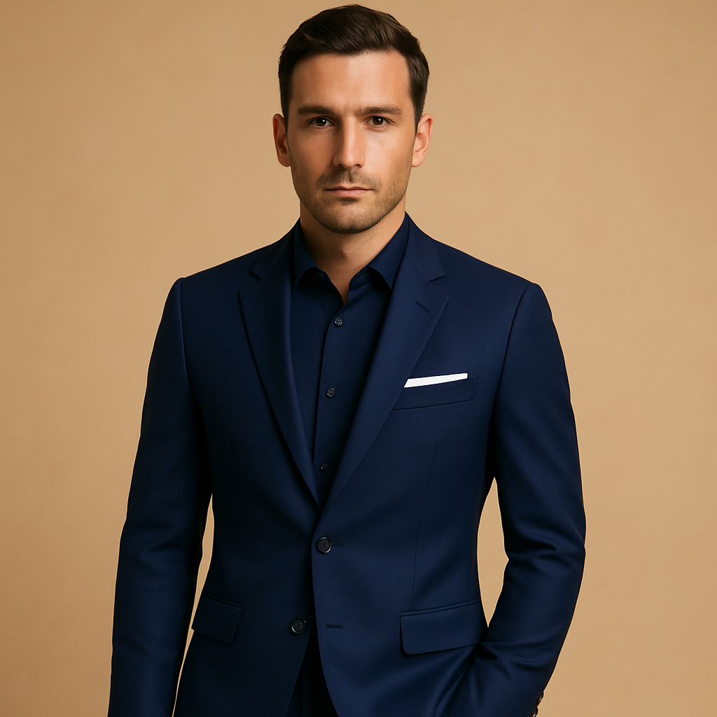 Men’s slim fit suit with tailored blazer and trousers, ideal for weddings, business meetings, and formal occasions in a sharp modern style.
