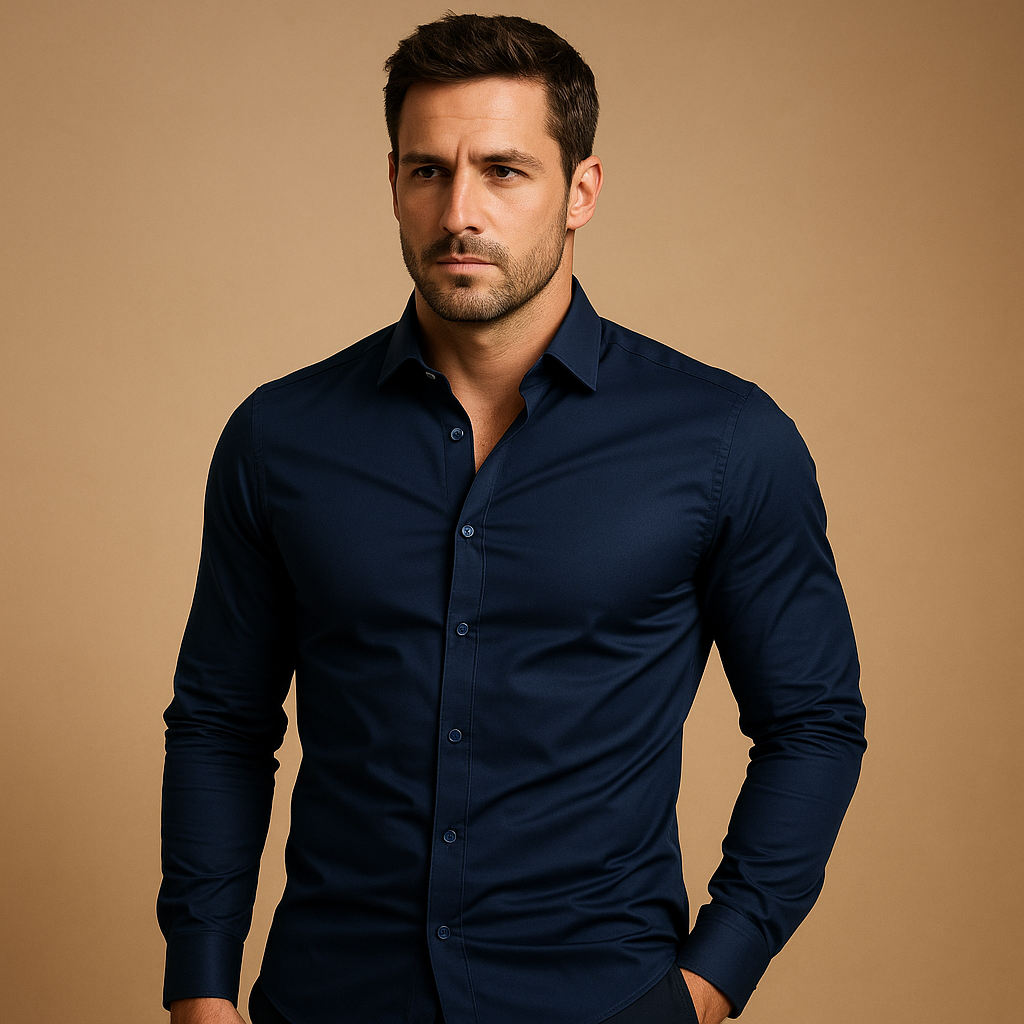Slim fit cotton shirt for men with turndown collar, available in multiple colors, ideal for office wear or casual occasions.