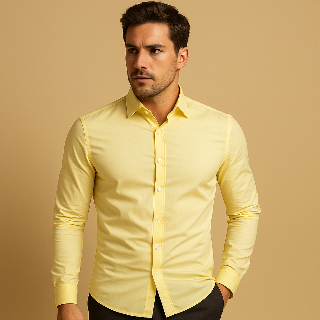 Slim fit cotton shirt for men with turndown collar, available in multiple colors, ideal for office wear or casual occasions.