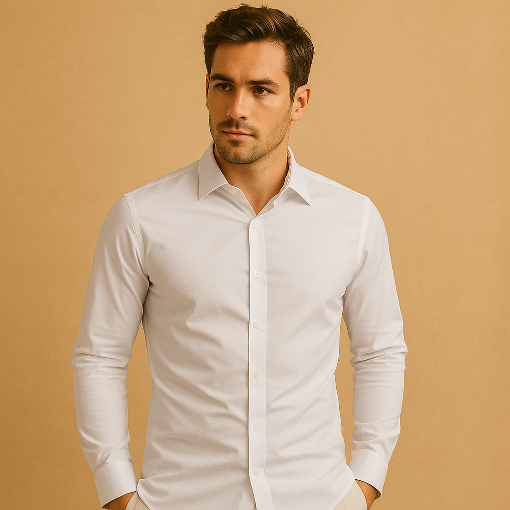 Slim fit cotton shirt for men with turndown collar, available in multiple colors, ideal for office wear or casual occasions.