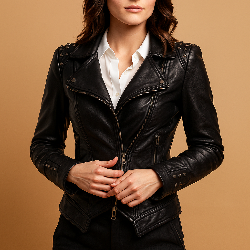 Slim-fit faux leather jacket for women with quilted gothic details, silver hardware, and sleek fit—perfect for alternative and stylish looks.