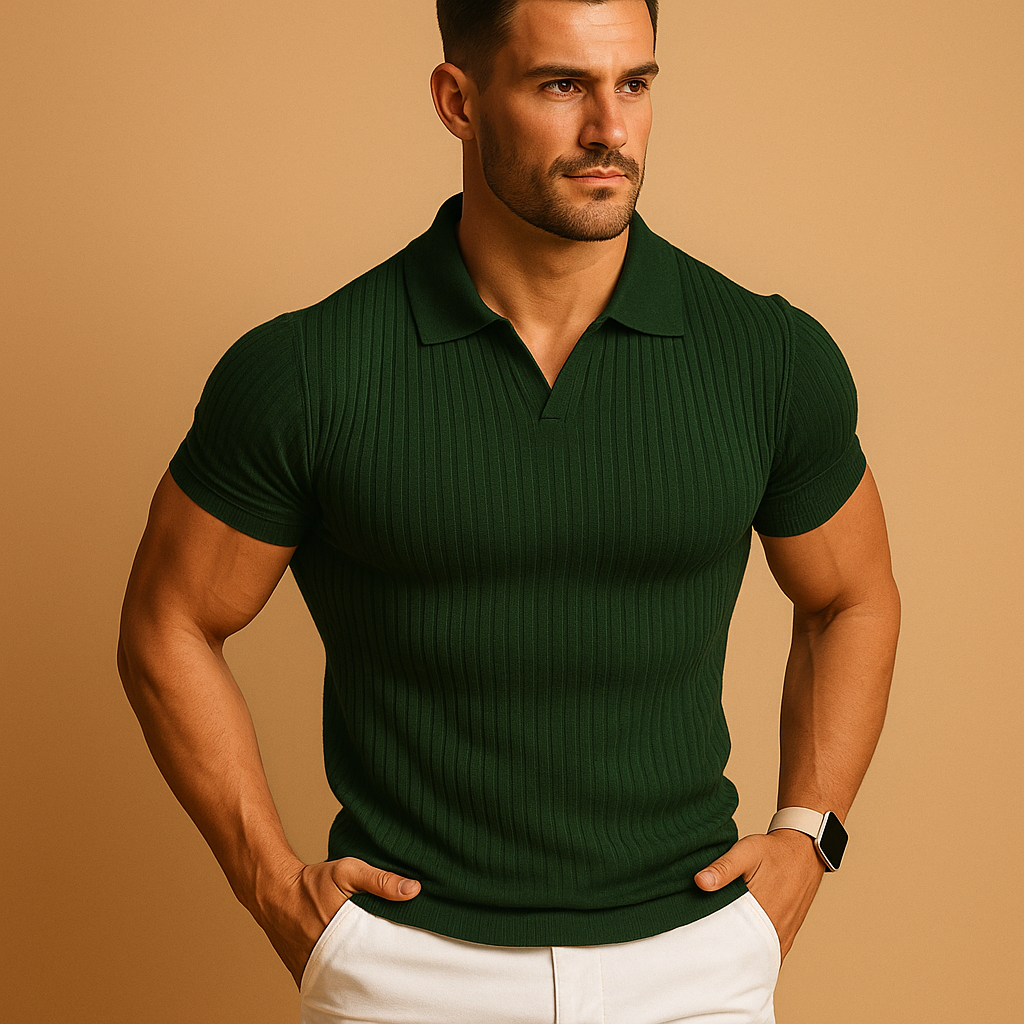 Men’s slim fit polo shirt in solid color with V-neck and lapel collar, perfect for casual and smart-casual occasions.