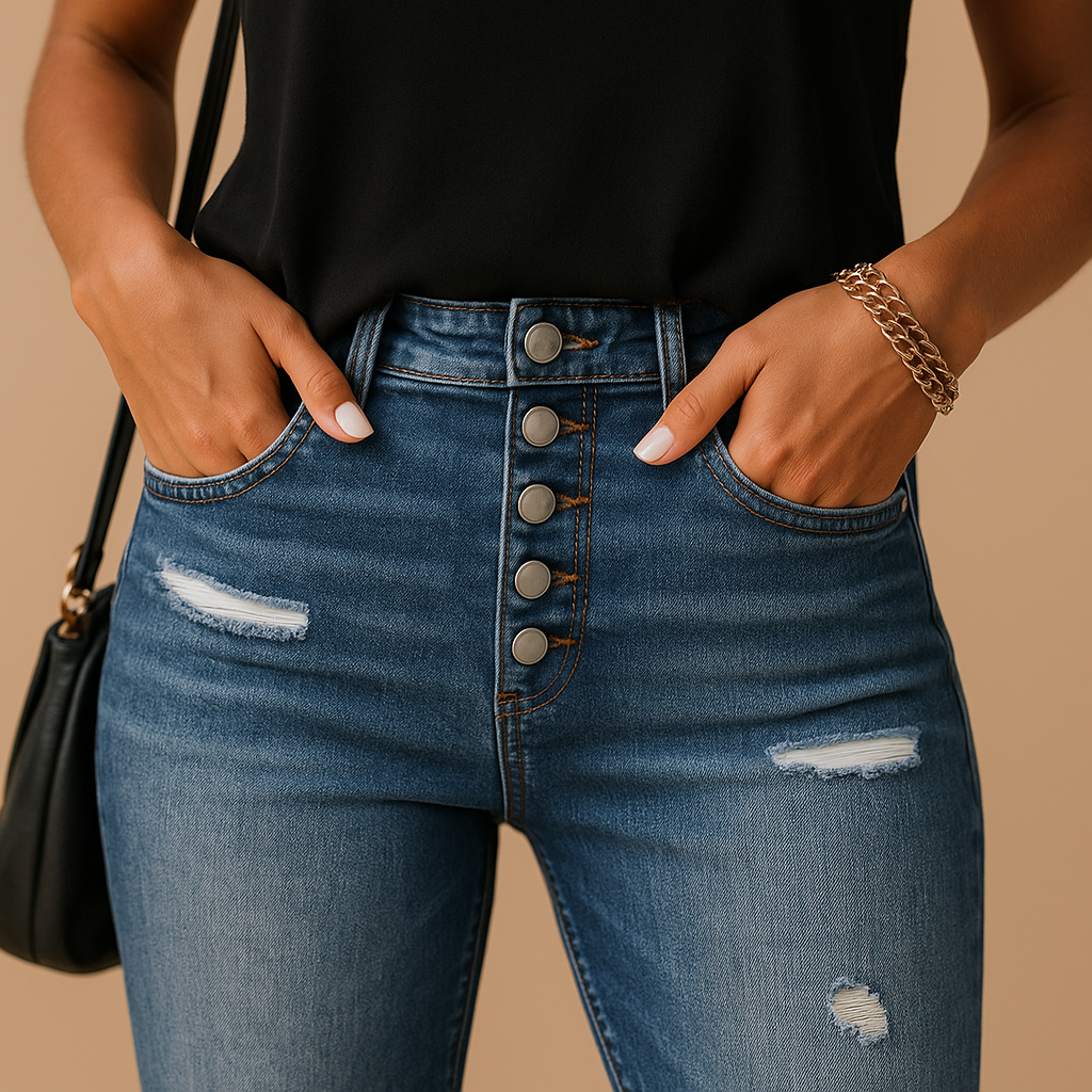 Slim fit ripped jeans for women in denim blue with modern distressed details, perfect for casual and stylish outfits.