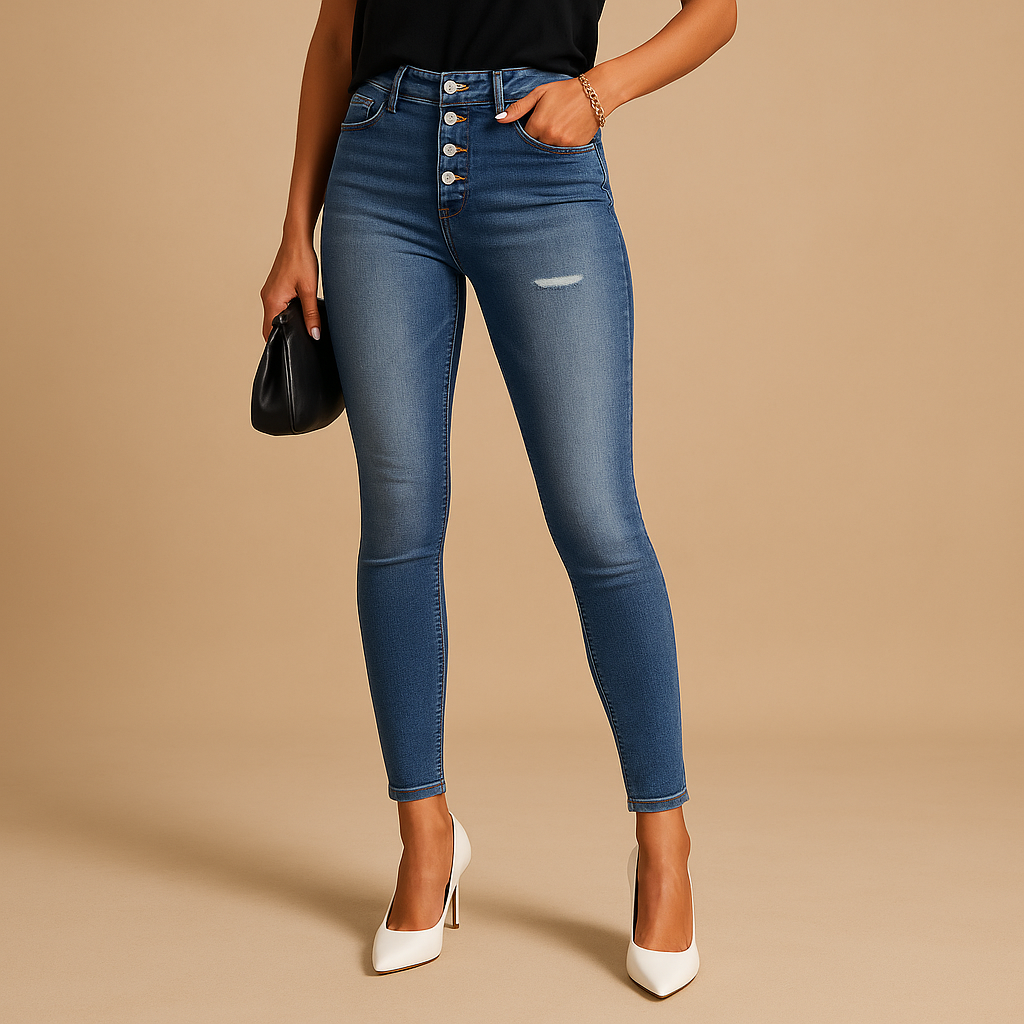 Slim fit ripped jeans for women in denim blue with modern distressed details, perfect for casual and stylish outfits.