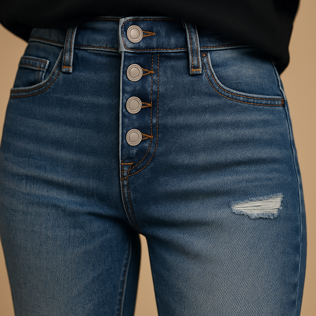 Slim fit ripped jeans for women in denim blue with modern distressed details, perfect for casual and stylish outfits.