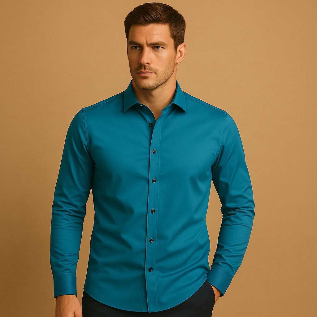 Men’s slim fit shirt made of breathable stretch fabric with classic collar and button closure, perfect for formal and casual use.