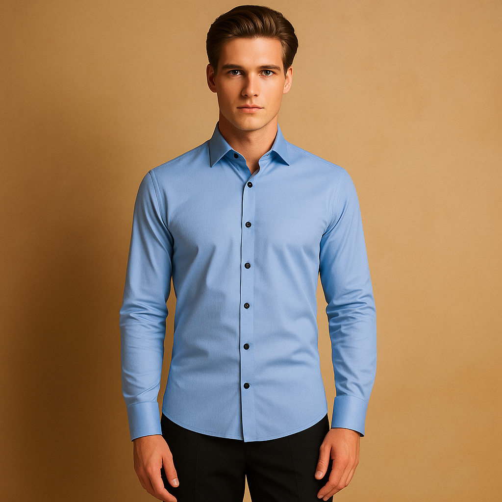 Men’s slim fit shirt made of breathable stretch fabric with classic collar and button closure, perfect for formal and casual use.