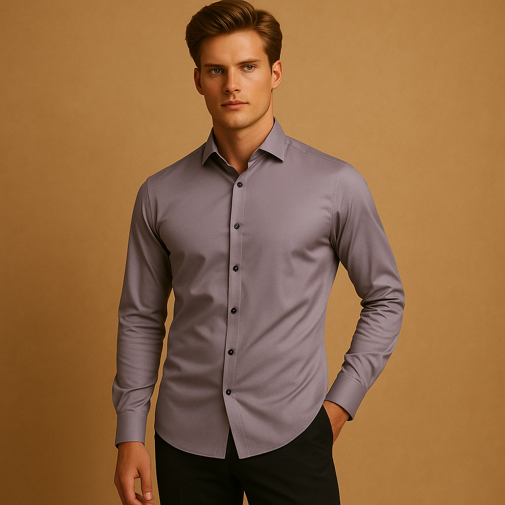 Men’s slim fit shirt made of breathable stretch fabric with classic collar and button closure, perfect for formal and casual use.