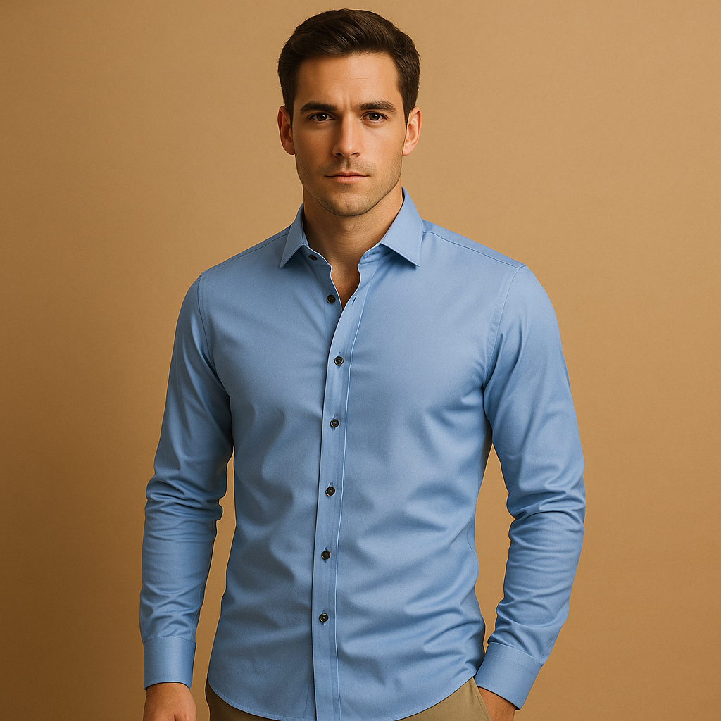 Men’s slim fit shirt made of breathable stretch fabric with classic collar and button closure, perfect for formal and casual use.