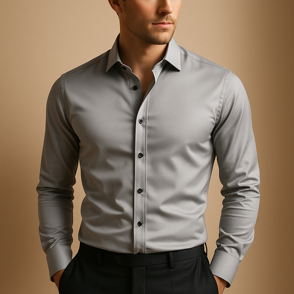 Men’s slim fit shirt made of breathable stretch fabric with classic collar and button closure, perfect for formal and casual use.