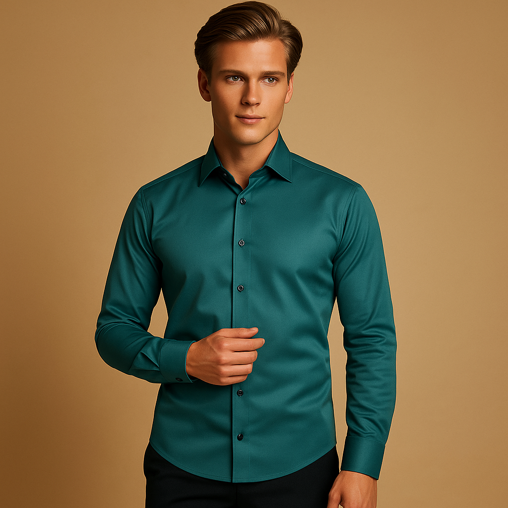 Men’s slim fit shirt made of breathable stretch fabric with classic collar and button closure, perfect for formal and casual use.