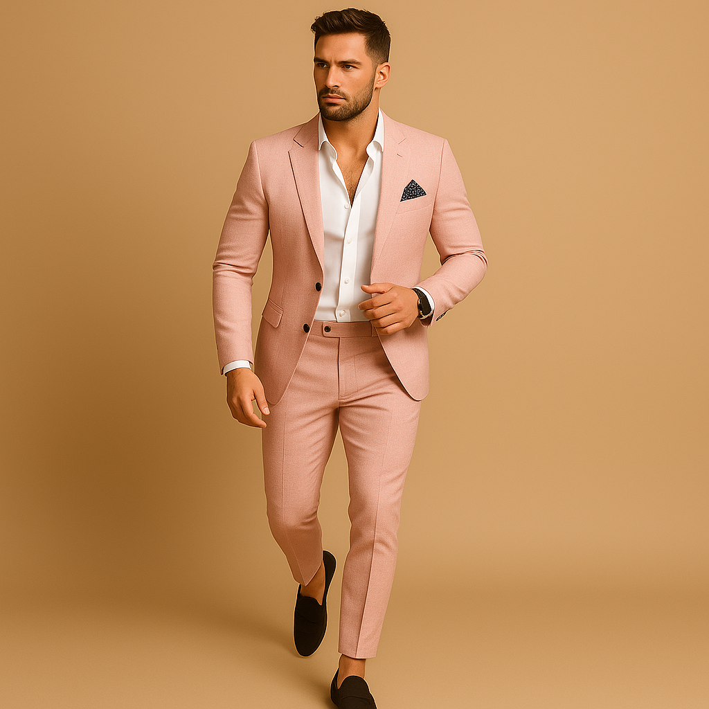 Men’s slim fit suit with tailored blazer and trousers, perfect for weddings, business meetings, and formal occasions in a stylish silhouette