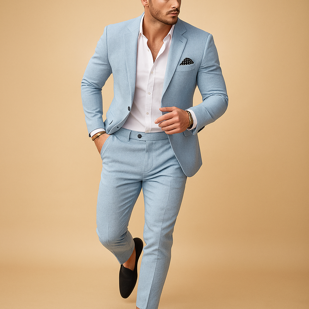 Men’s slim fit suit with tailored blazer and trousers, perfect for weddings, business meetings, and formal occasions in a stylish silhouette