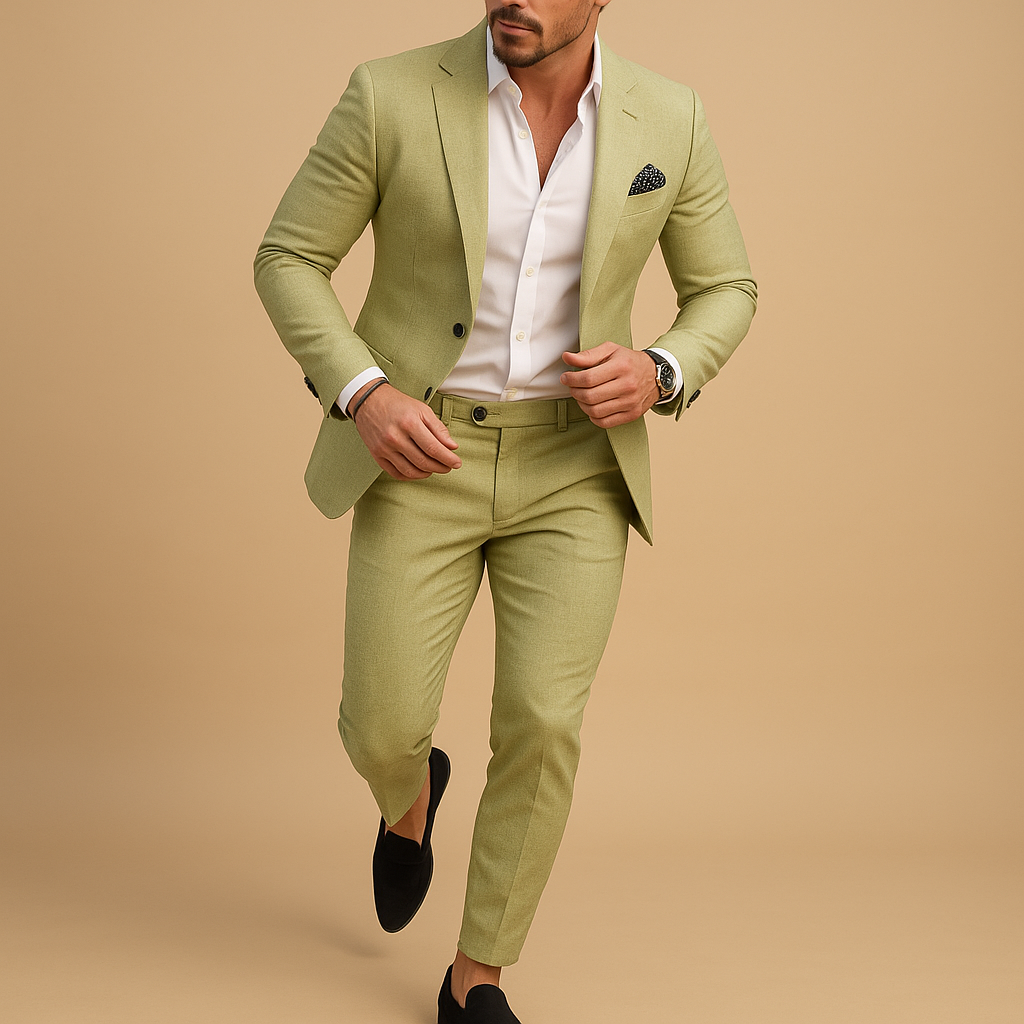 Men’s slim fit suit with tailored blazer and trousers, perfect for weddings, business meetings, and formal occasions in a stylish silhouette